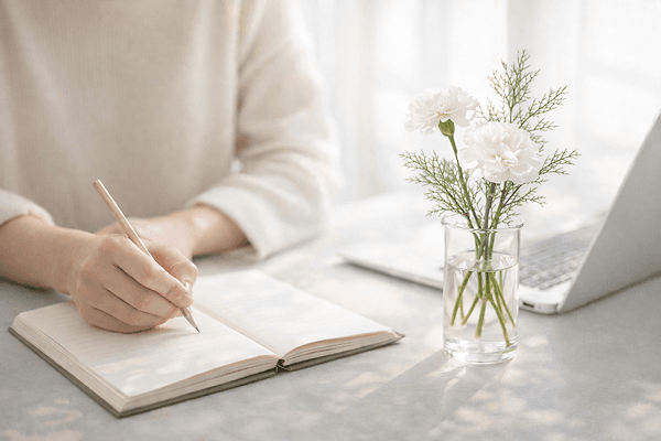 想いを綴るノートとお花